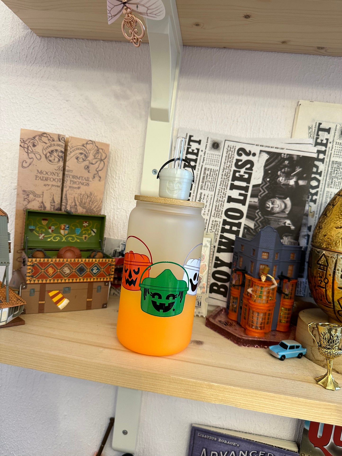 Nostalgie mode spooky - Bucket ✨ verre givré orange avec paille et couvercle bambou