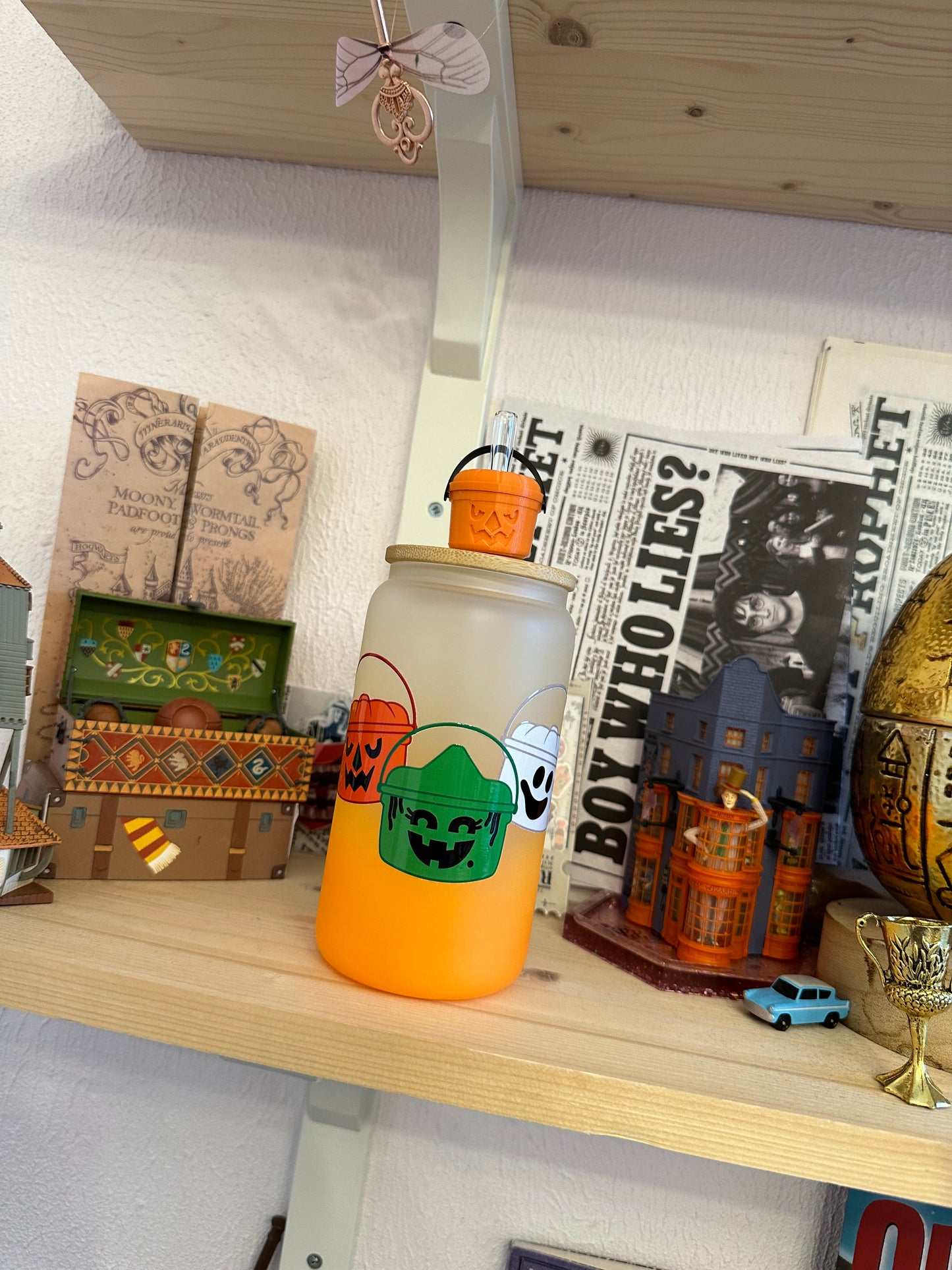 Nostalgie mode spooky - Bucket ✨ verre givré orange avec paille et couvercle bambou