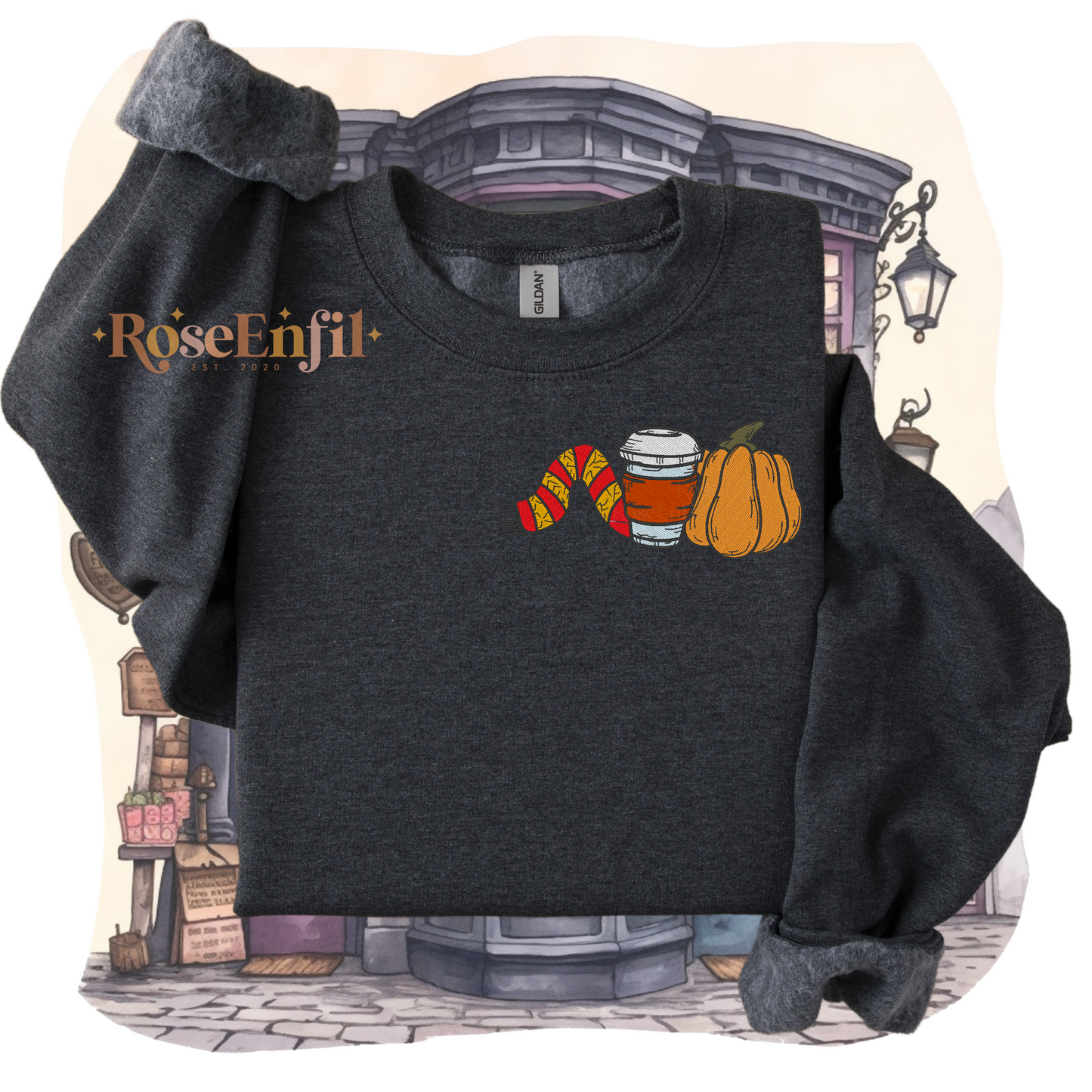 Citrouille, café et écharpe maison de la bravoure - Collection broderie spooky et magique - plusieurs couleurs