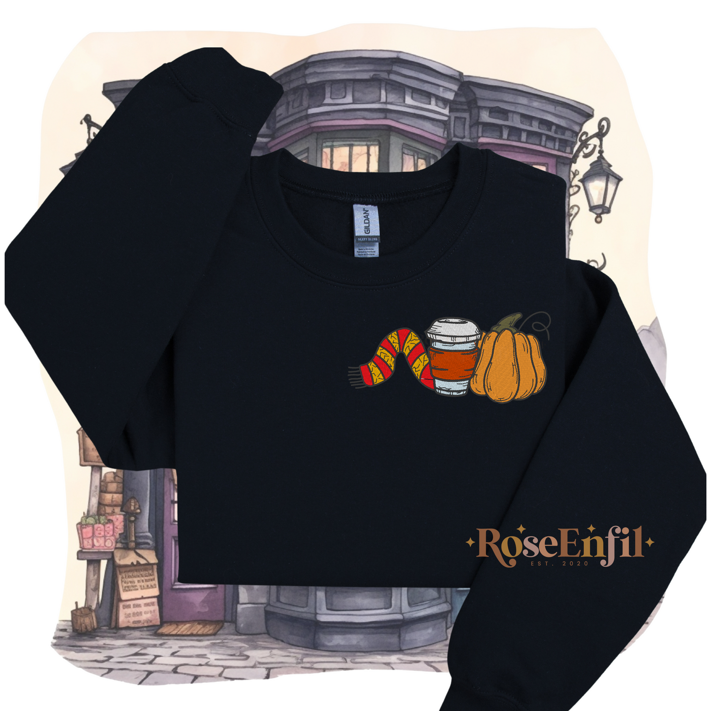 Citrouille, café et écharpe maison de la bravoure - Collection broderie spooky et magique - plusieurs couleurs