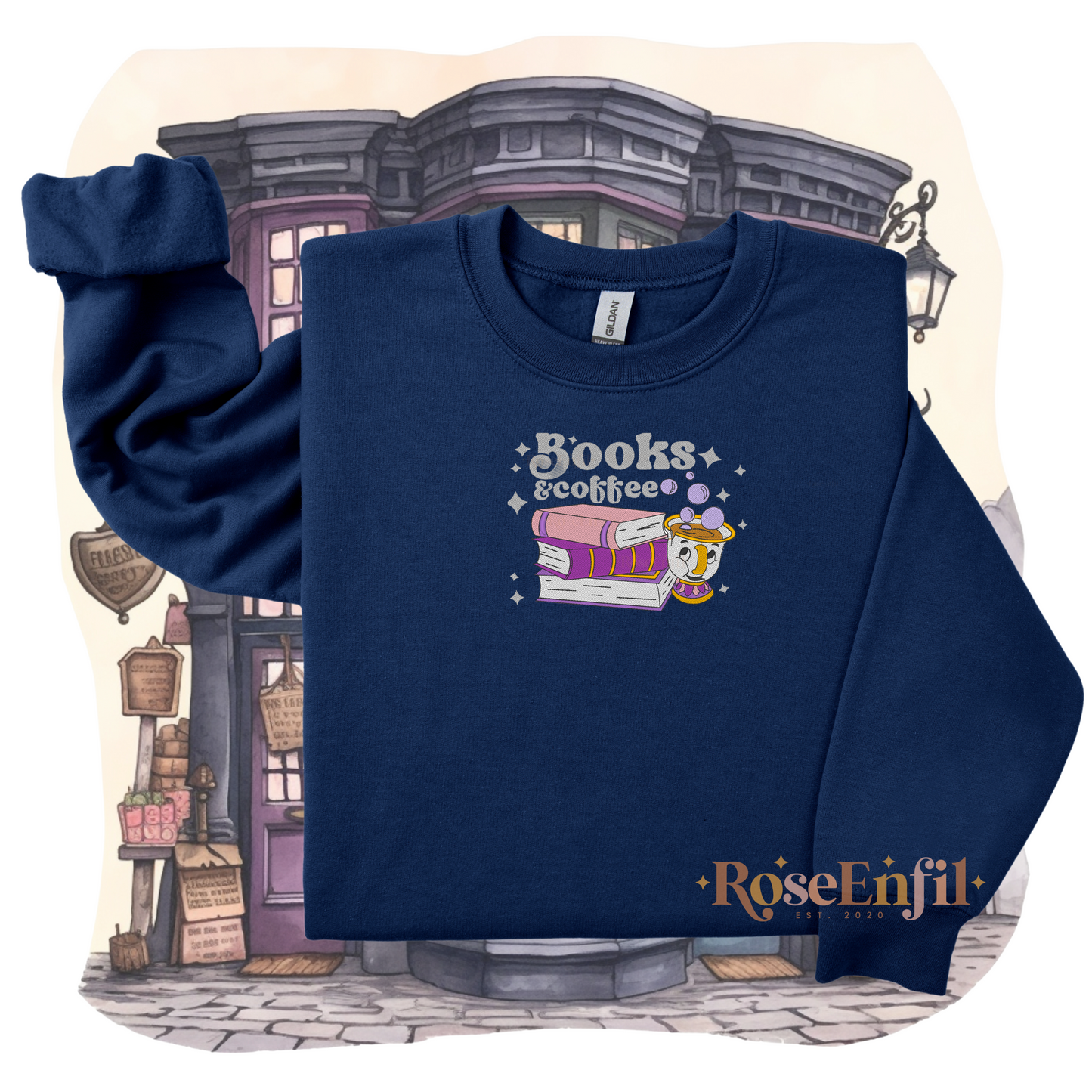 Livres et café version pays enchantée Belle - Collection broderie enchantée - Plusieurs couleurs
