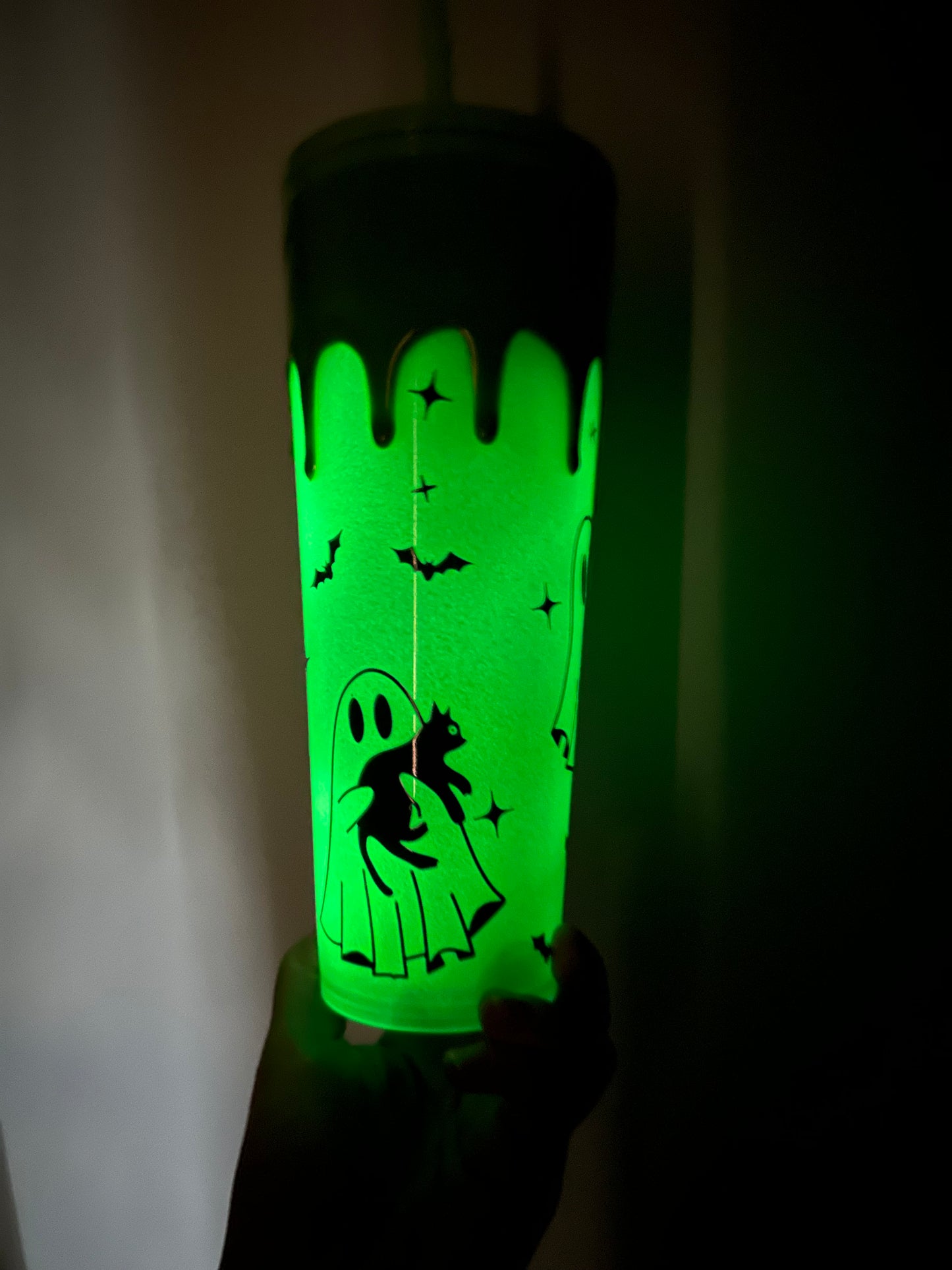 Tumbler vert Fantômes et chats - Effet GLOW IN THE DARK