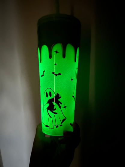 Tumbler vert Fantômes et chats - Effet GLOW IN THE DARK