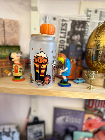 Harry's Magical Fall Coffees ✨ Orange Frosted Glass with Straw and Bamboo Lid