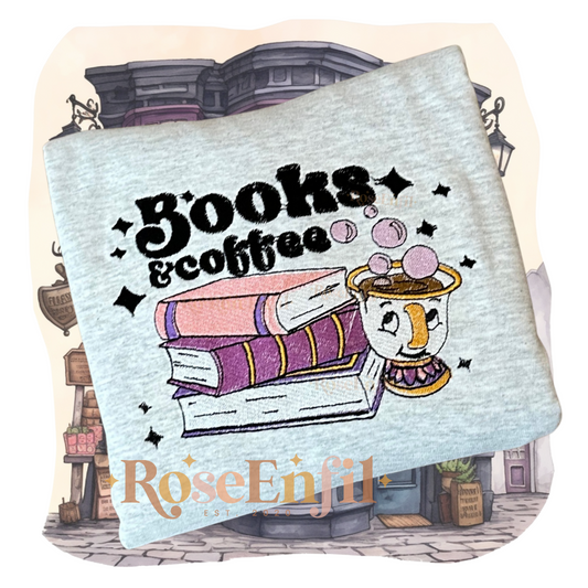 Livres et café version pays enchantée Belle  -  Collection broderie enchantée - Plusieurs couleurs