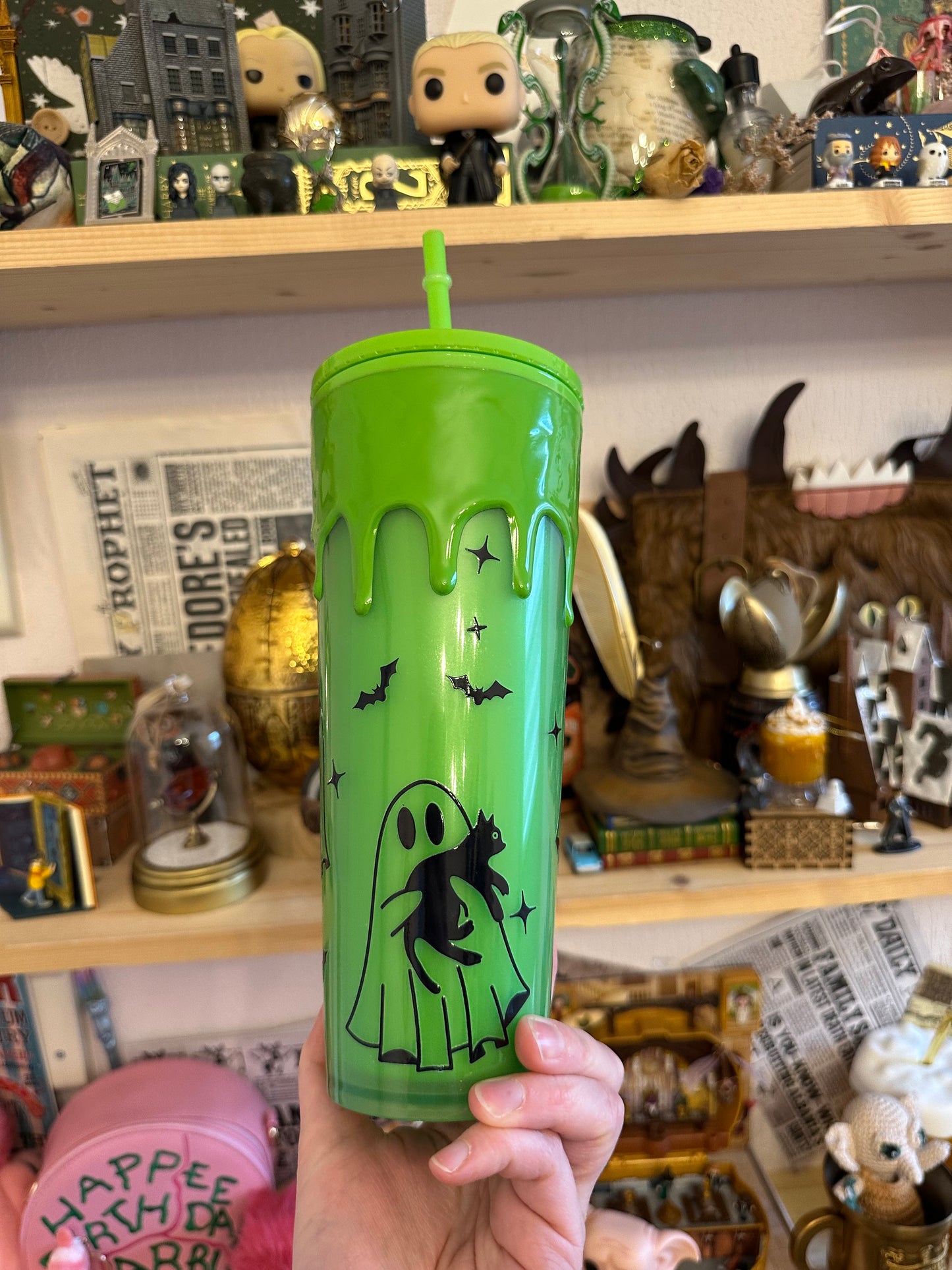 Tumbler vert Fantômes et chats - Effet GLOW IN THE DARK