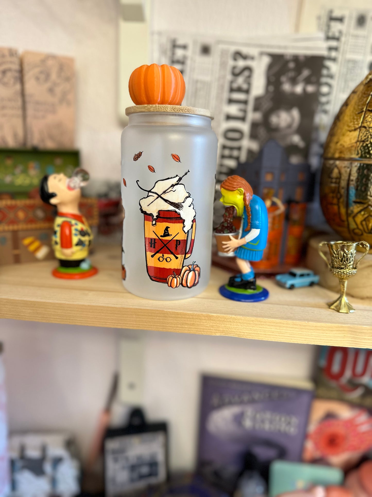 Harry's Magical Fall Coffees ✨ Orange Frosted Glass with Straw and Bamboo Lid
