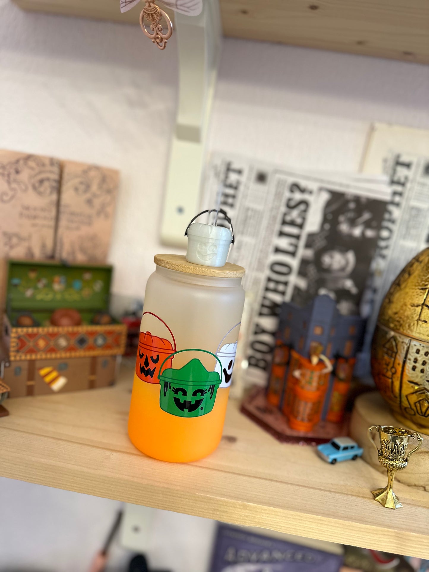 Nostalgie mode spooky  - Bucket ✨ verre givré orange avec paille et couvercle bambou
