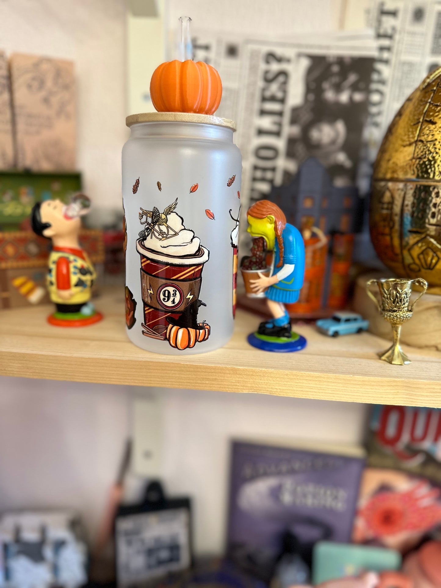 Harry's Magical Fall Coffees ✨ Orange Frosted Glass with Straw and Bamboo Lid