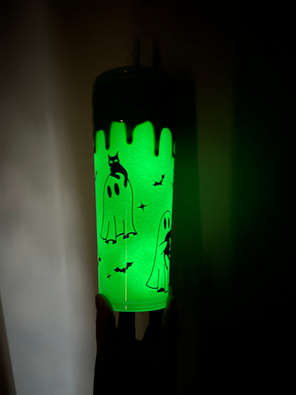 Tumbler vert Fantômes et chats - Effet GLOW IN THE DARK