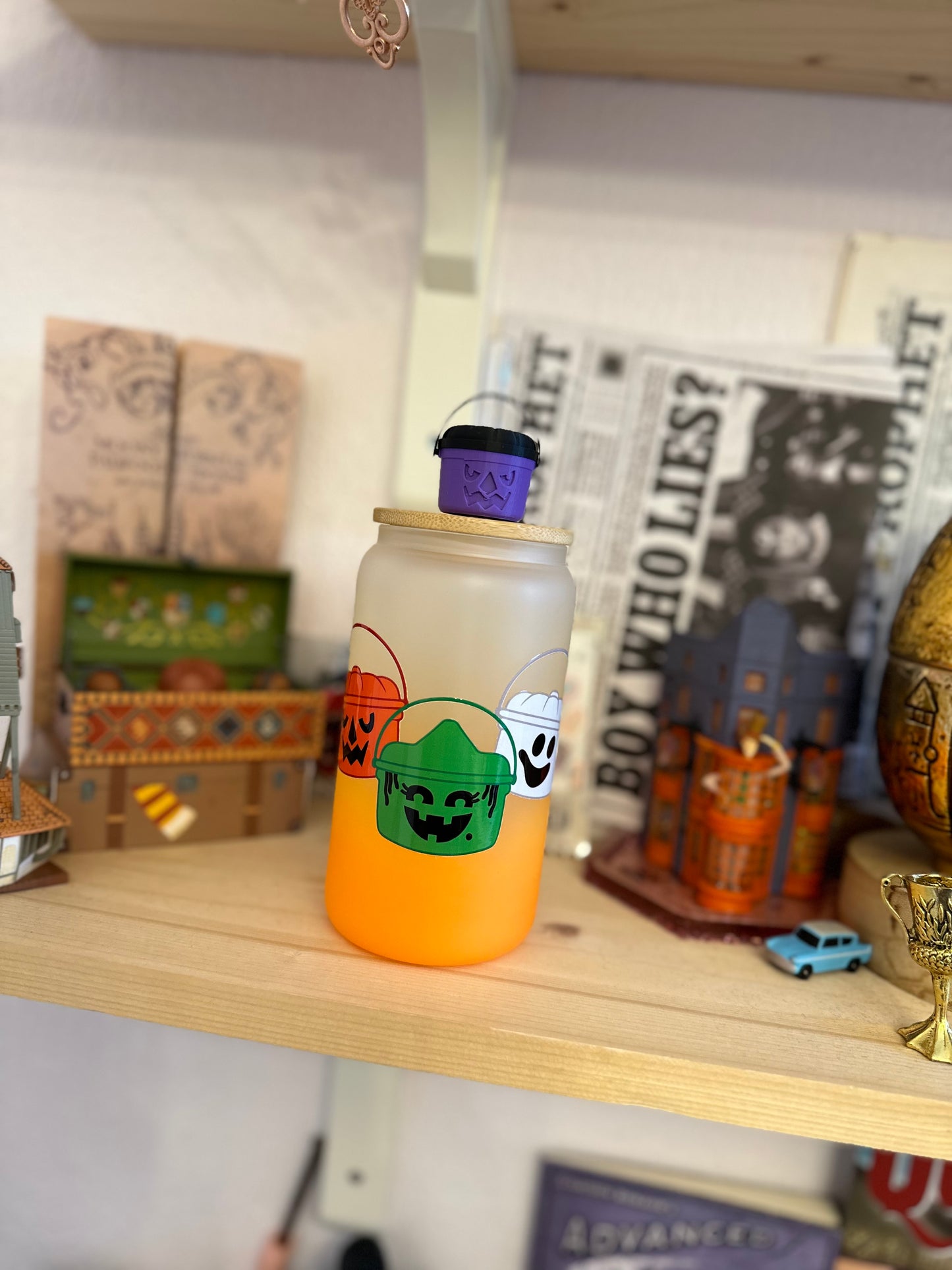 Nostalgie mode spooky  - Bucket ✨ verre givré orange avec paille et couvercle bambou