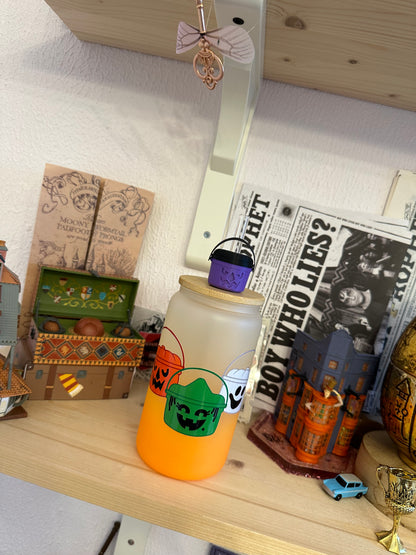 Nostalgie mode spooky  - Bucket ✨ verre givré orange avec paille et couvercle bambou