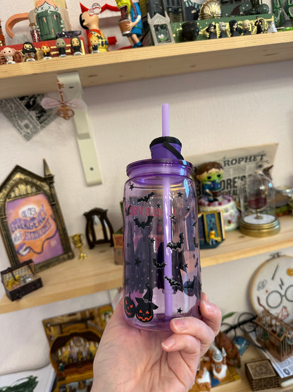 Witch Sisters – Halloween Collection & Movies – Plastic cup with straw decoration, straw, and lid
