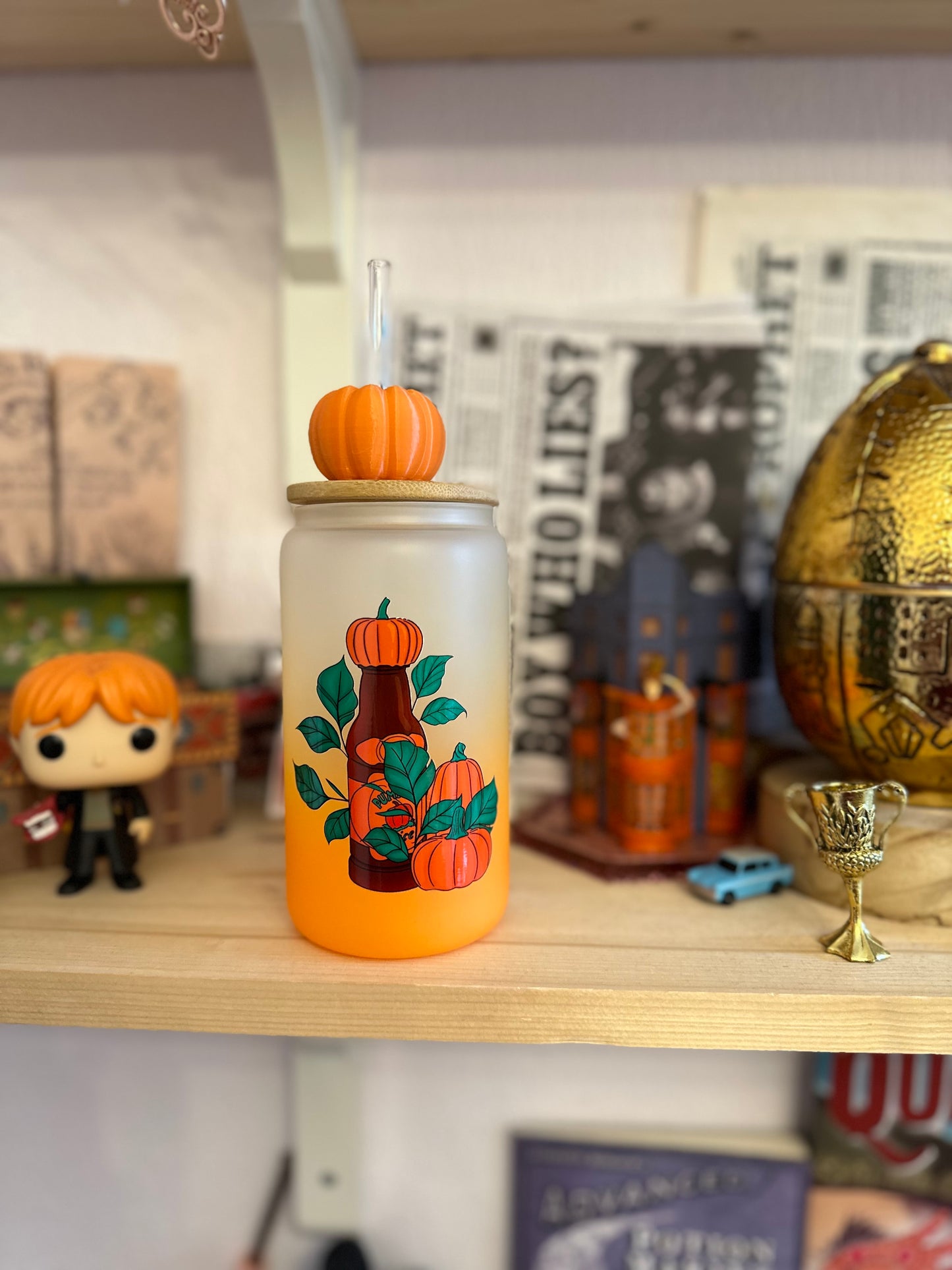 Magical Pumpkin Juice ✨ frosted orange  glass with straw and bamboo lid