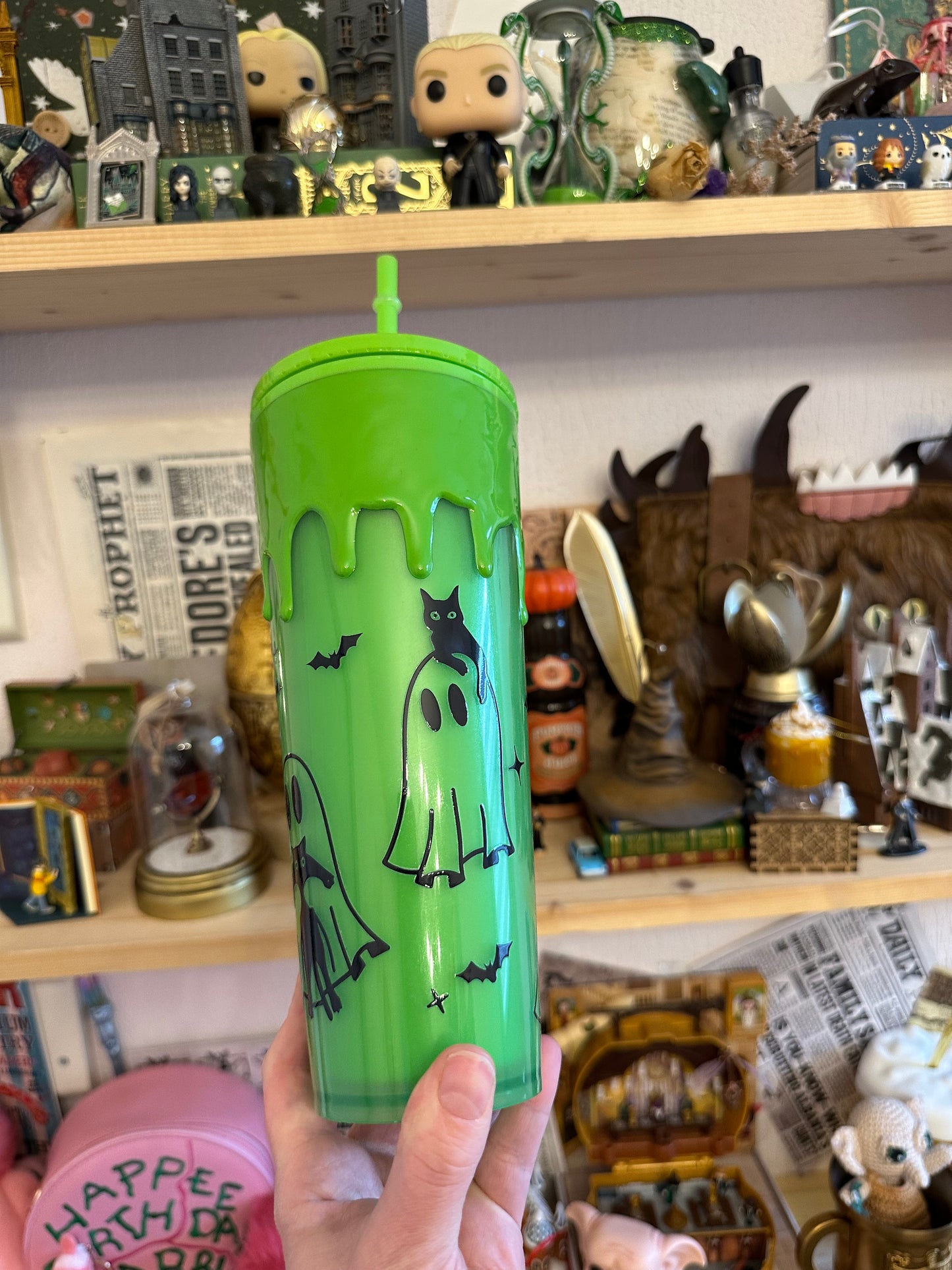 Tumbler vert Fantômes et chats - Effet GLOW IN THE DARK