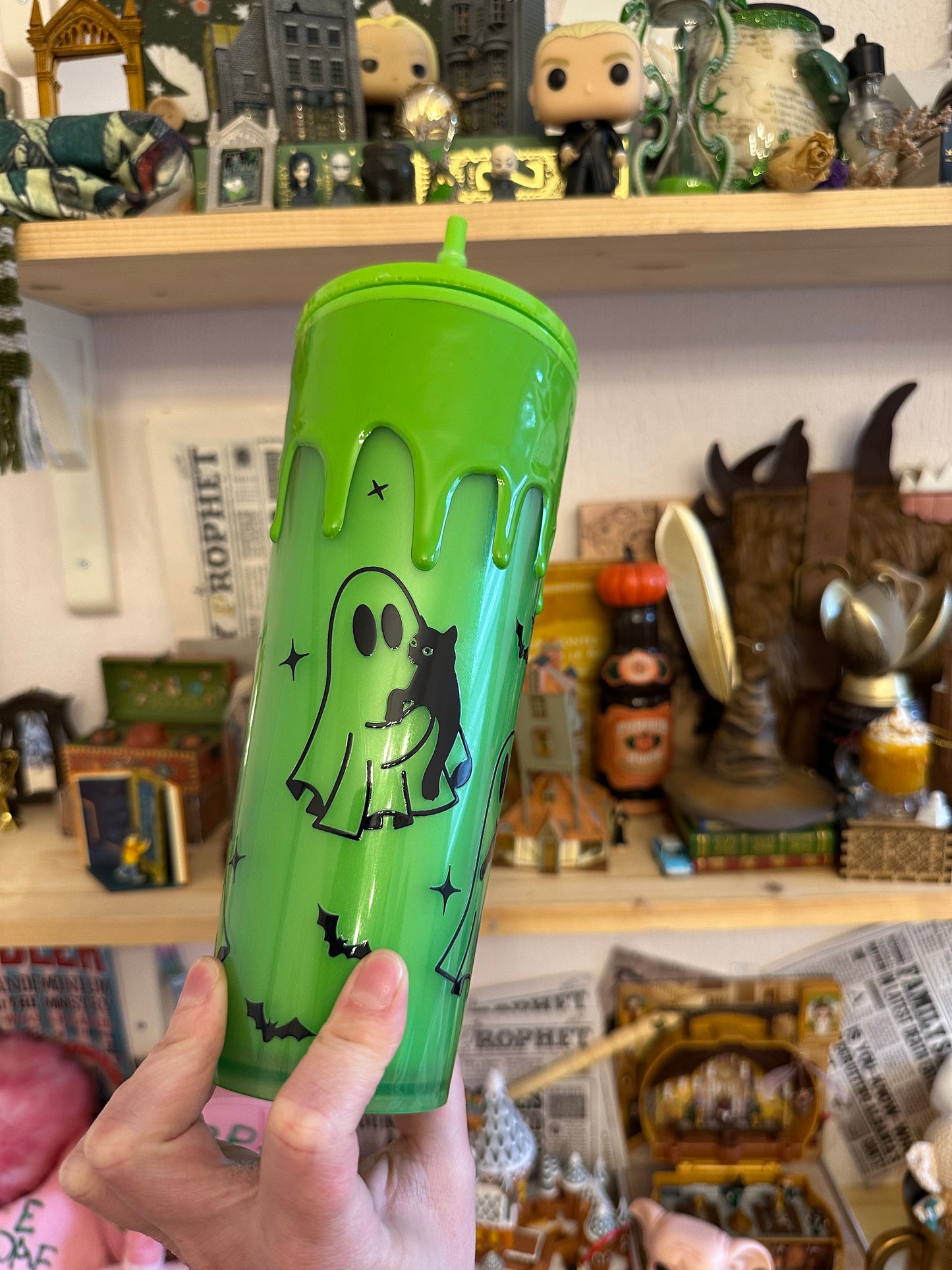 Tumbler vert Fantômes et chats - Effet GLOW IN THE DARK