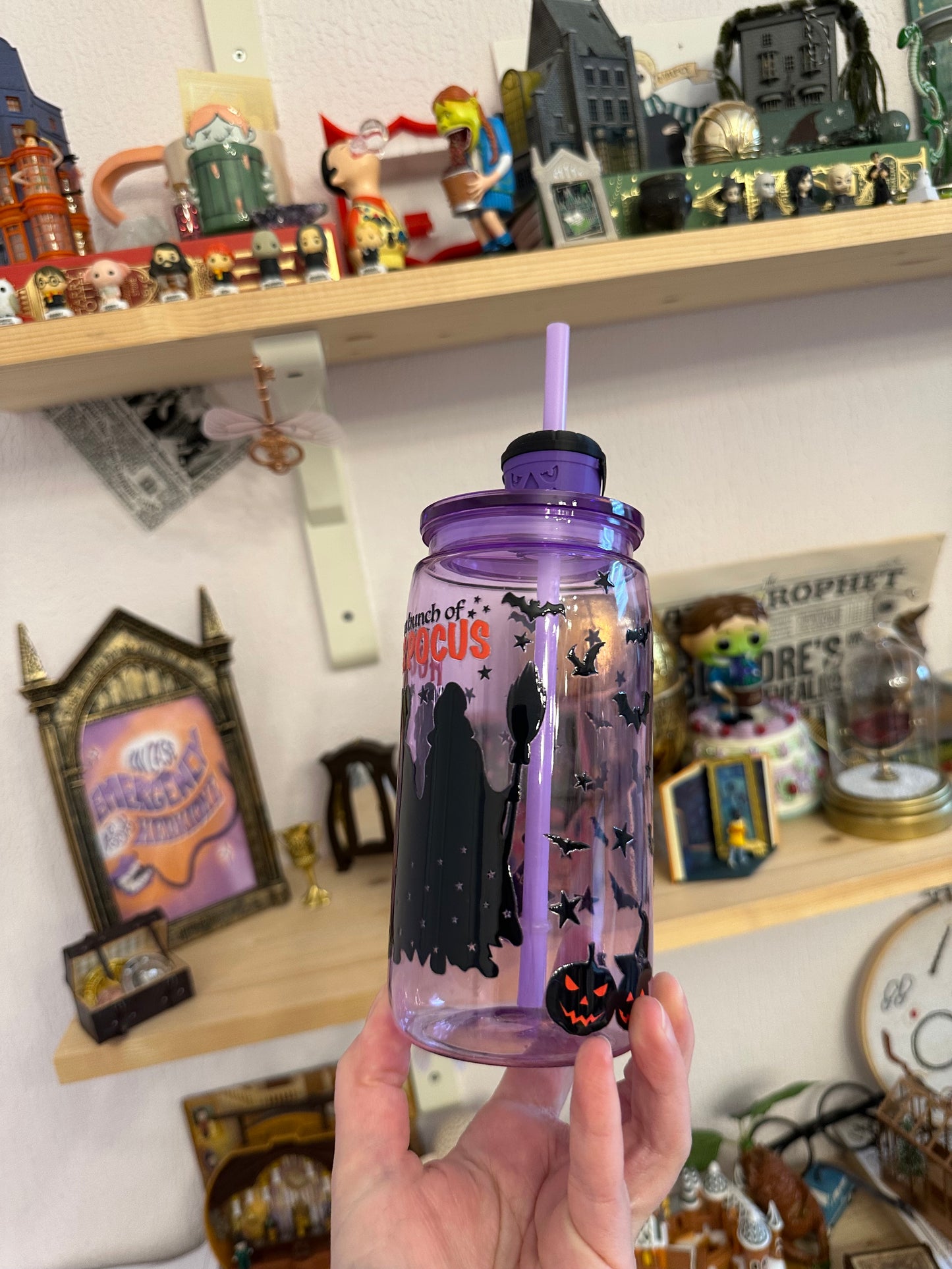 Witch Sisters – Halloween Collection & Movies – Plastic cup with straw decoration, straw, and lid
