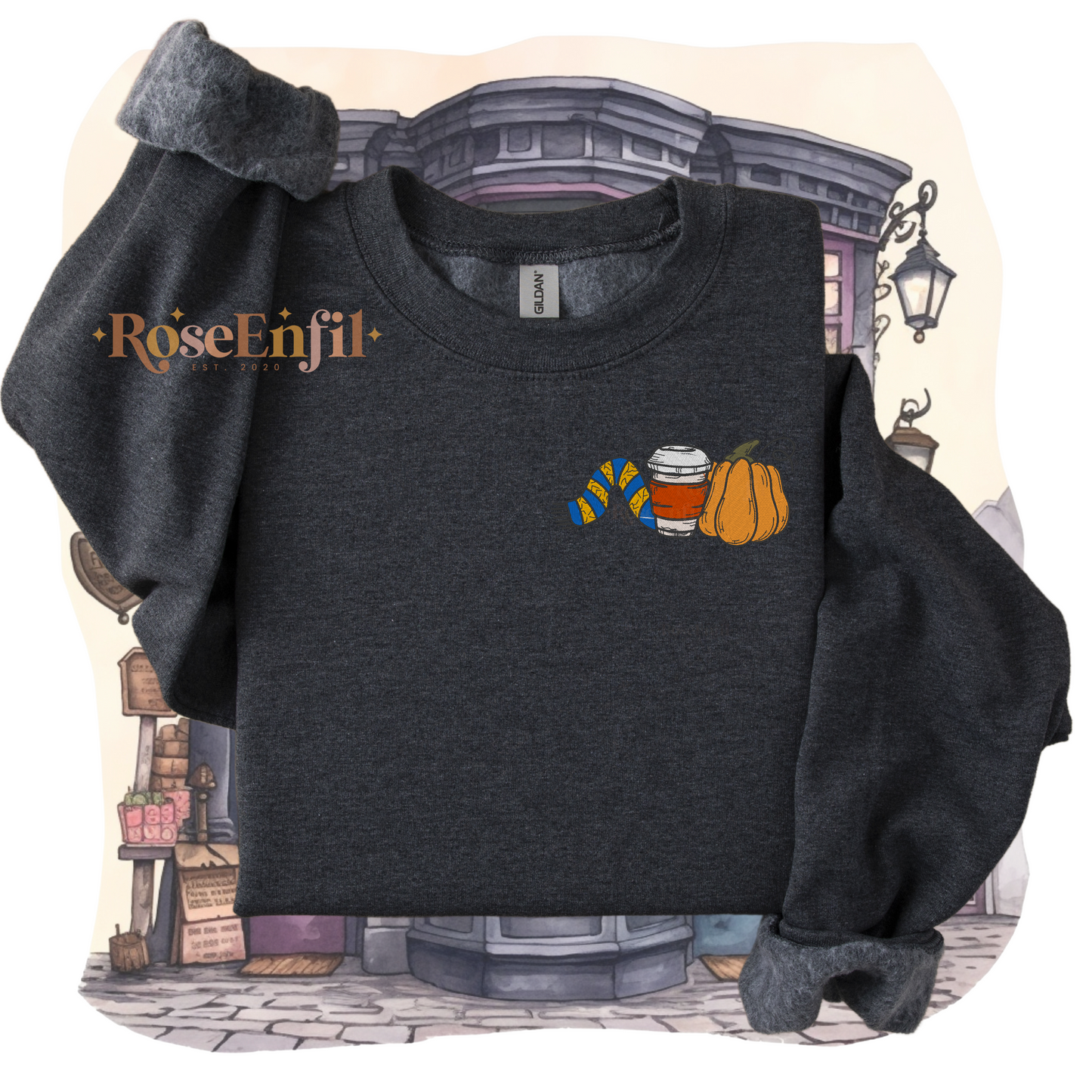 Citrouille, café et écharpe maison du savoir (Version Livres)  - Collection broderie spooky et magique - plusieurs couleurs