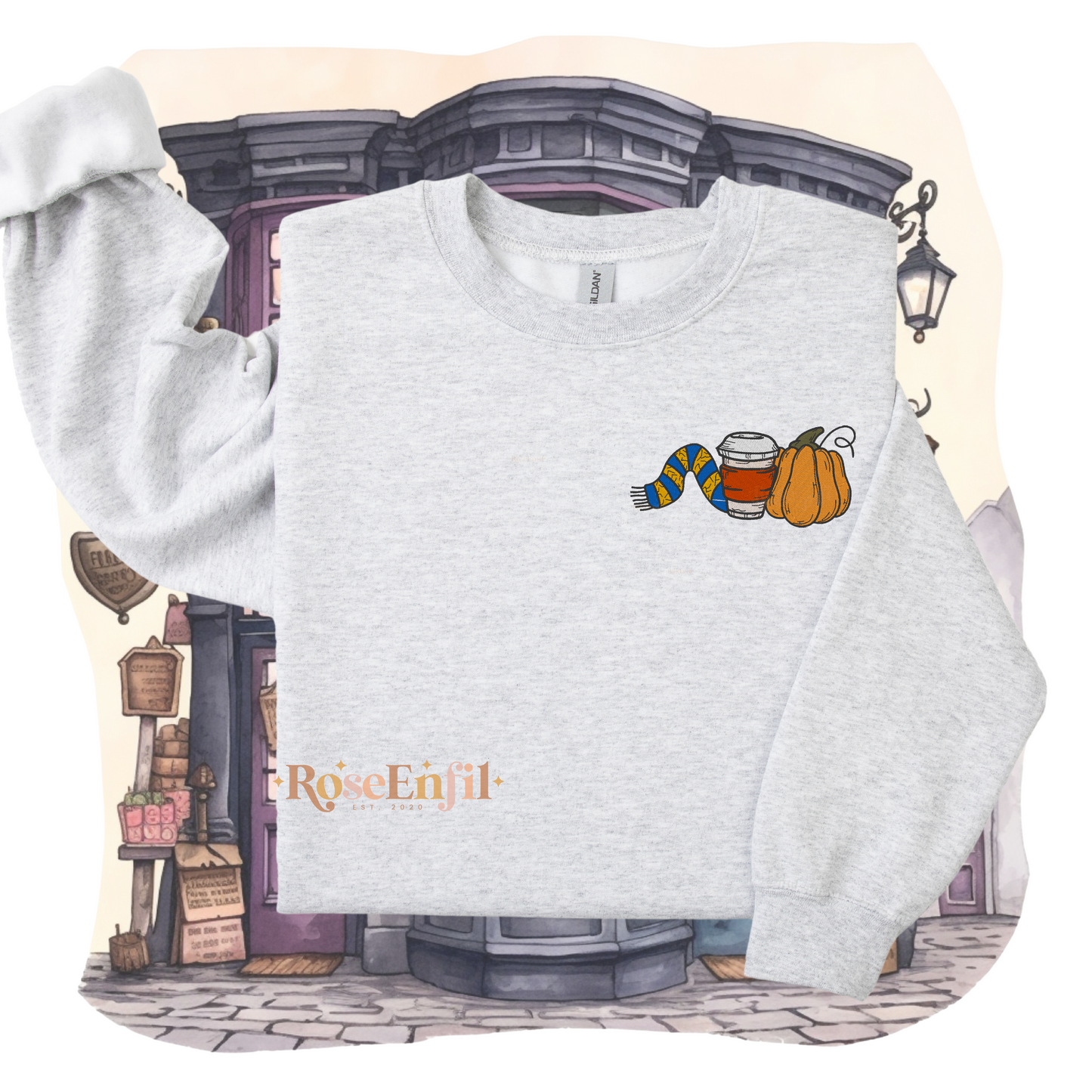 Citrouille, café et écharpe maison du savoir (Version Livres)  - Collection broderie spooky et magique - plusieurs couleurs