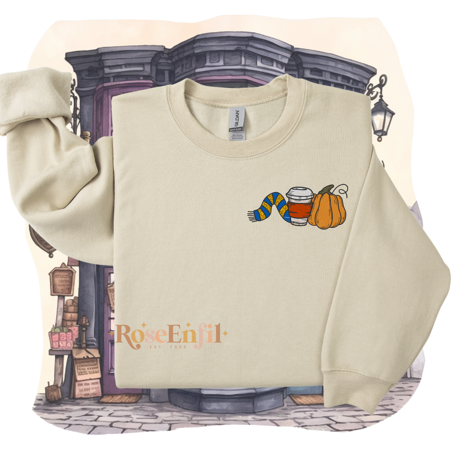 Citrouille, café et écharpe maison du savoir (Version Livres)  - Collection broderie spooky et magique - plusieurs couleurs
