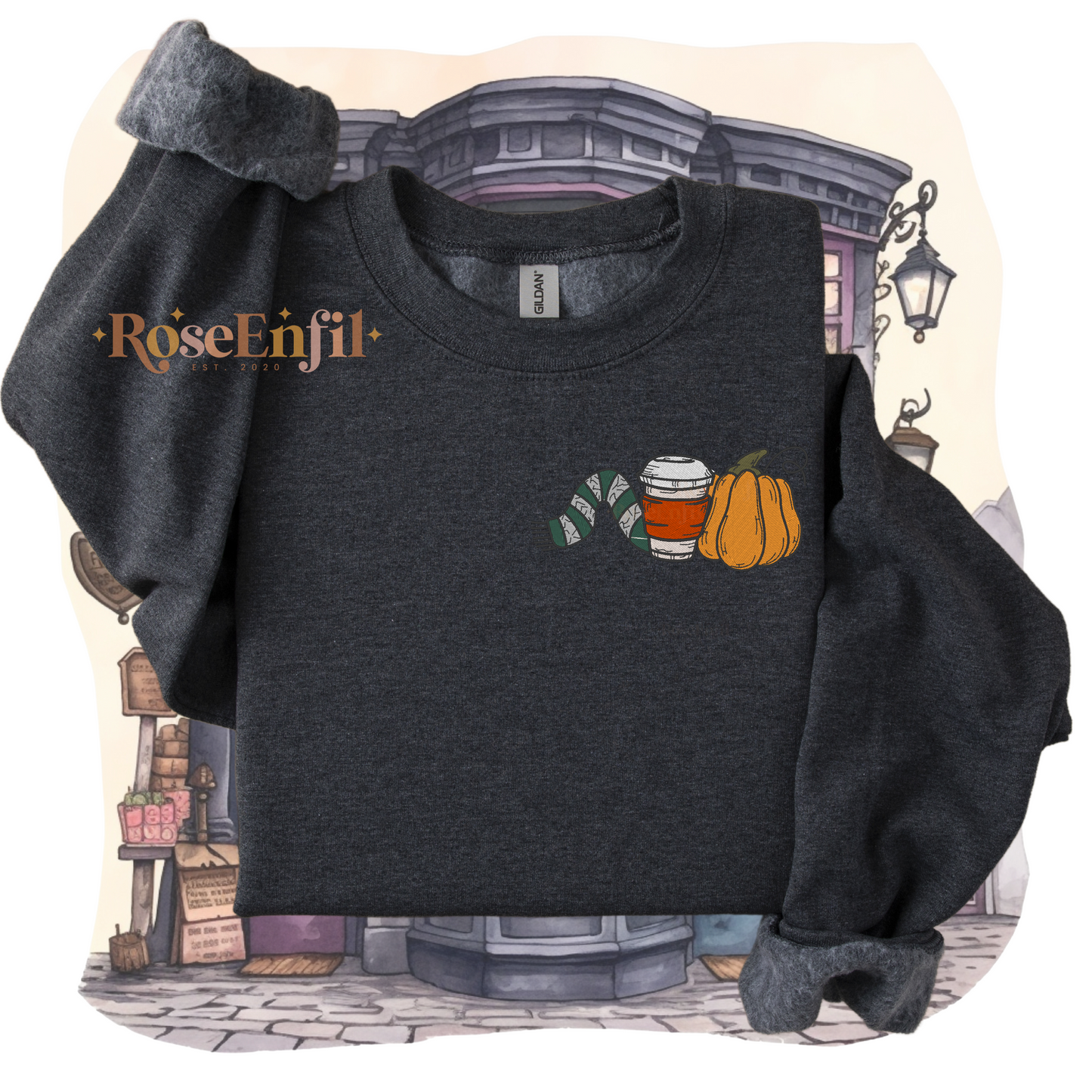 Citrouille, café et écharpe maison d'ambition - Collection broderie spooky et magique - plusieurs couleurs