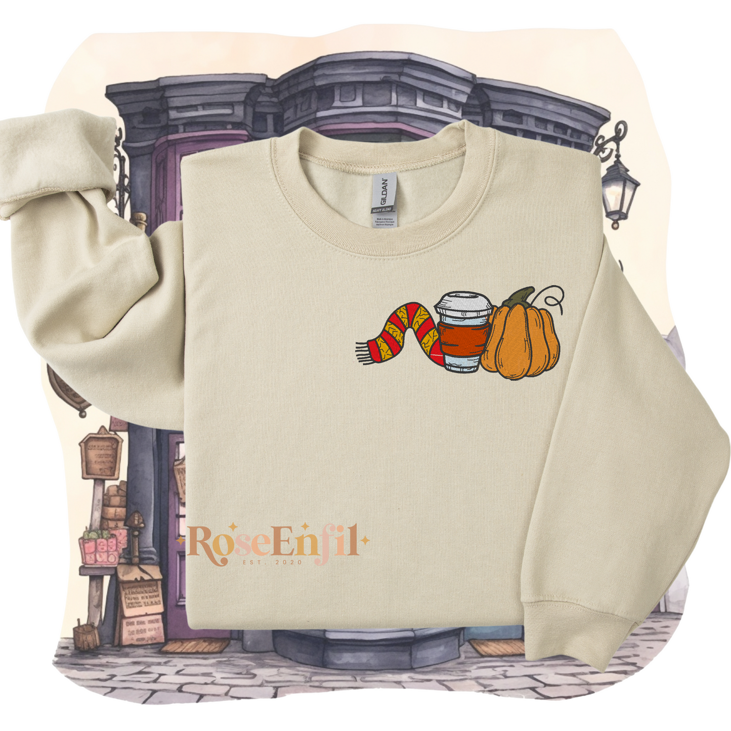 Citrouille, café et écharpe maison de la bravoure - Collection broderie spooky et magique - plusieurs couleurs