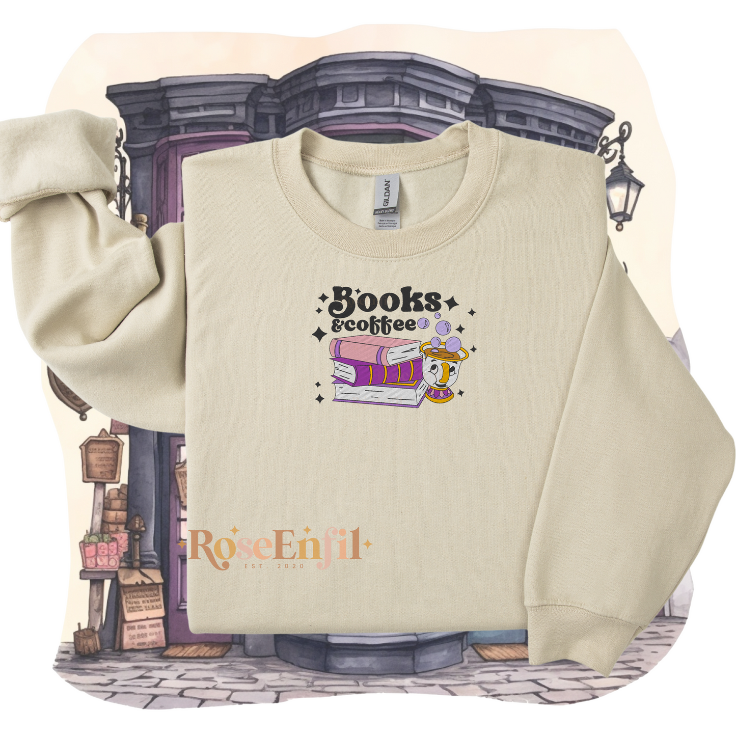 Livres et café version pays enchantée Belle  -  Collection broderie enchantée - Plusieurs couleurs