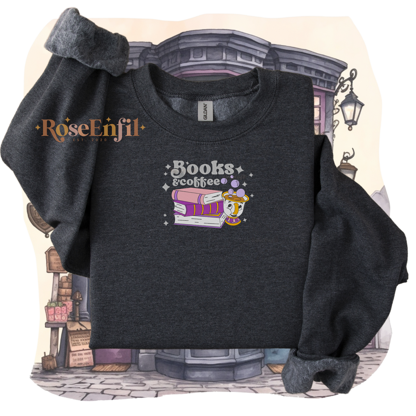 Livres et café version pays enchantée Belle  -  Collection broderie enchantée - Plusieurs couleurs